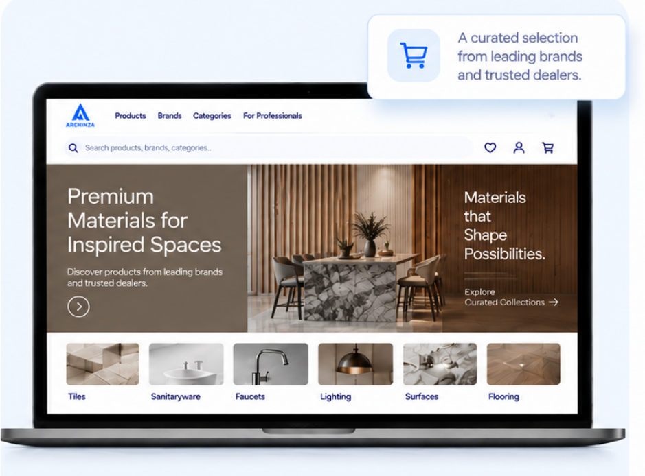 Archinza Shop on a laptop, with product categories like tiles, faucets and lighting